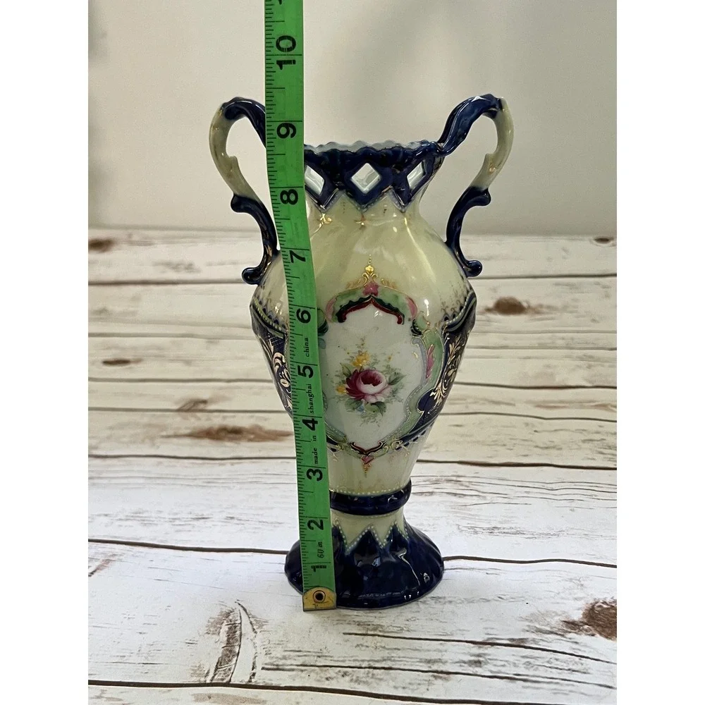 Porcelain Vase Cobalt Blue Gold Gilt Portrait Floral 9.25in